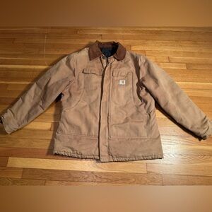 Carhartt Style Duck Canvas Work Jacket Brown Distressed Corduroy Collar